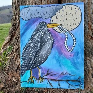 Crow By The Moon Holding Pearls Painting